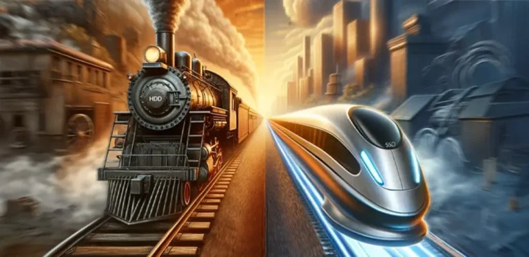 Illustration of a comparison between HDD and SSD with a steam train representing old technology on traditional tracks and a high-speed train for SSD on shiny, futuristic tracks with high-tech elements such as lighting effects and magnetic levitation. The background shows the transition from a rural to a futuristic environment, emphasising the progress in data storage technology.