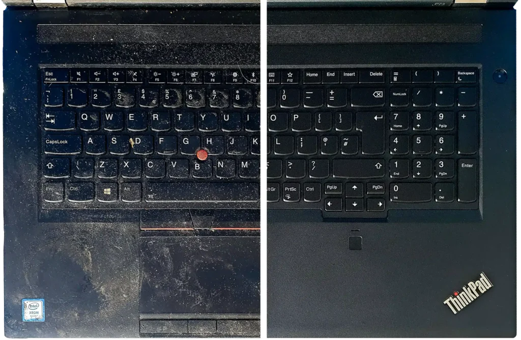 Laptop Lenovo P73 à moitié nettoyé et à moitié sale, présenté sur la page de nettoyage de laptops de IT-Dokter pour illustrer l'efficacité du service de nettoyage.