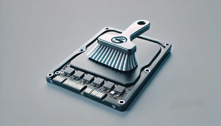 The image shows an SSD with a brush on the surface. The brush symbolises cleaning or optimising the SSD by removing unnecessary data to improve performance. The design is minimalistic and focuses on the clear visual concept of SSD maintenance. The aim is to visualise the TRIM command.